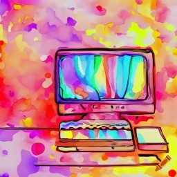 Pintura de un ordenador sobre una mesa de colores.