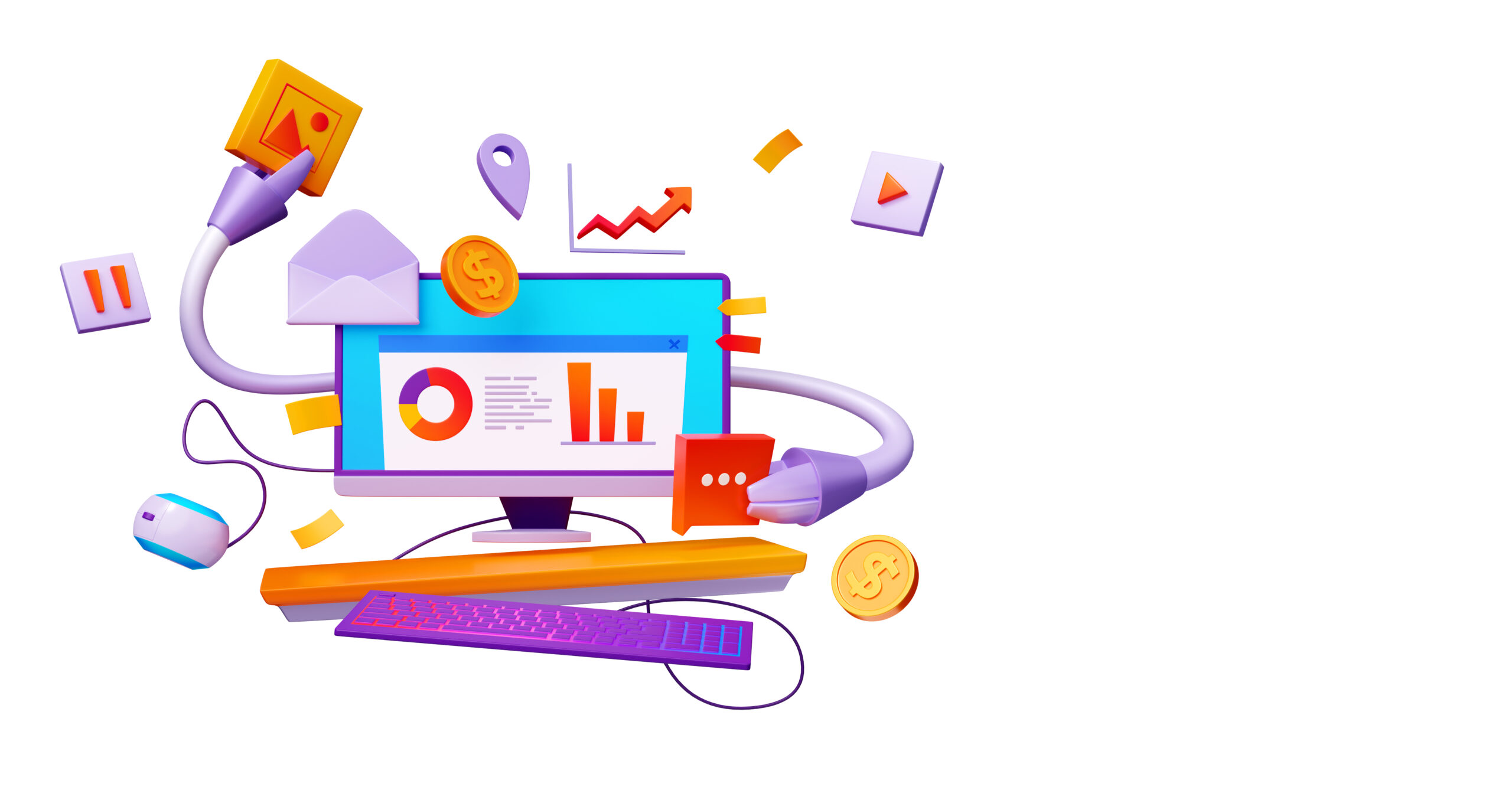 AI technology for digital marketing, sales analytics and business strategy. Automated system, artificial intelligence concept with computer with robotic arms and infographics, 3d render illustration