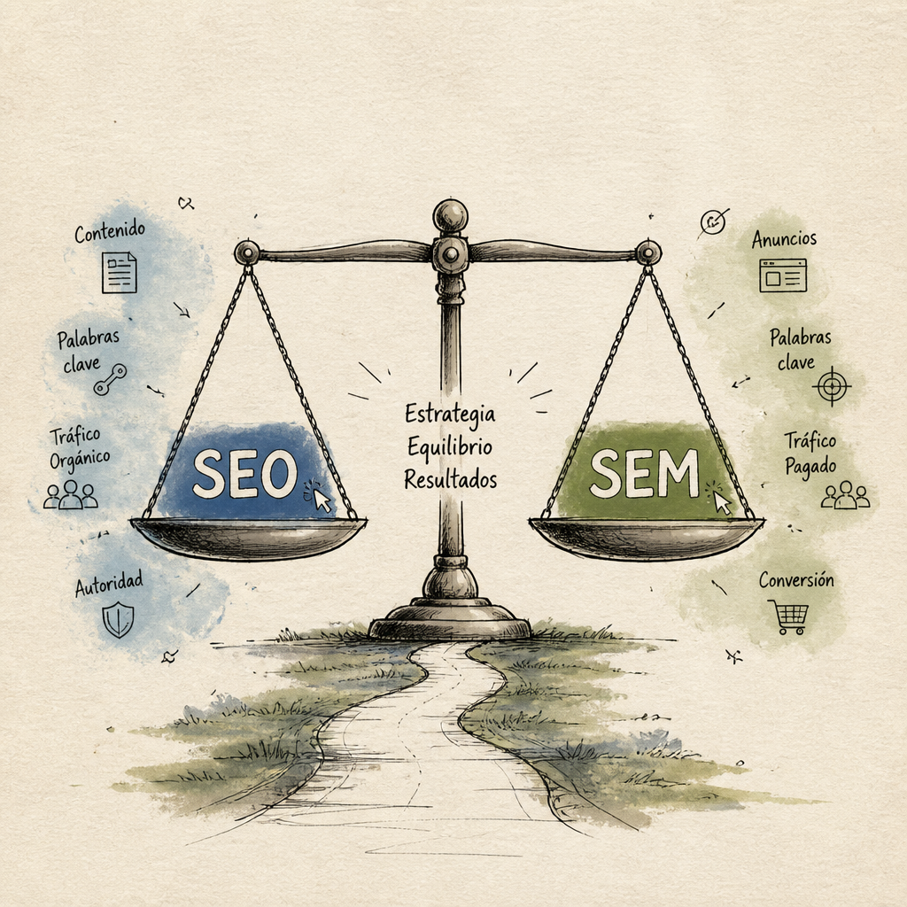 SEO vs SEM representado sobre una balanza.