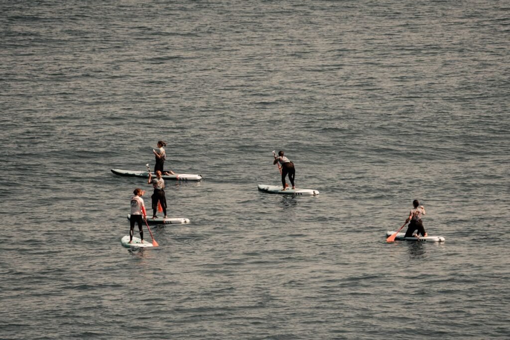 Vista aérea de cinco personas remando de pie en tablas de paddle surf sobre el mar