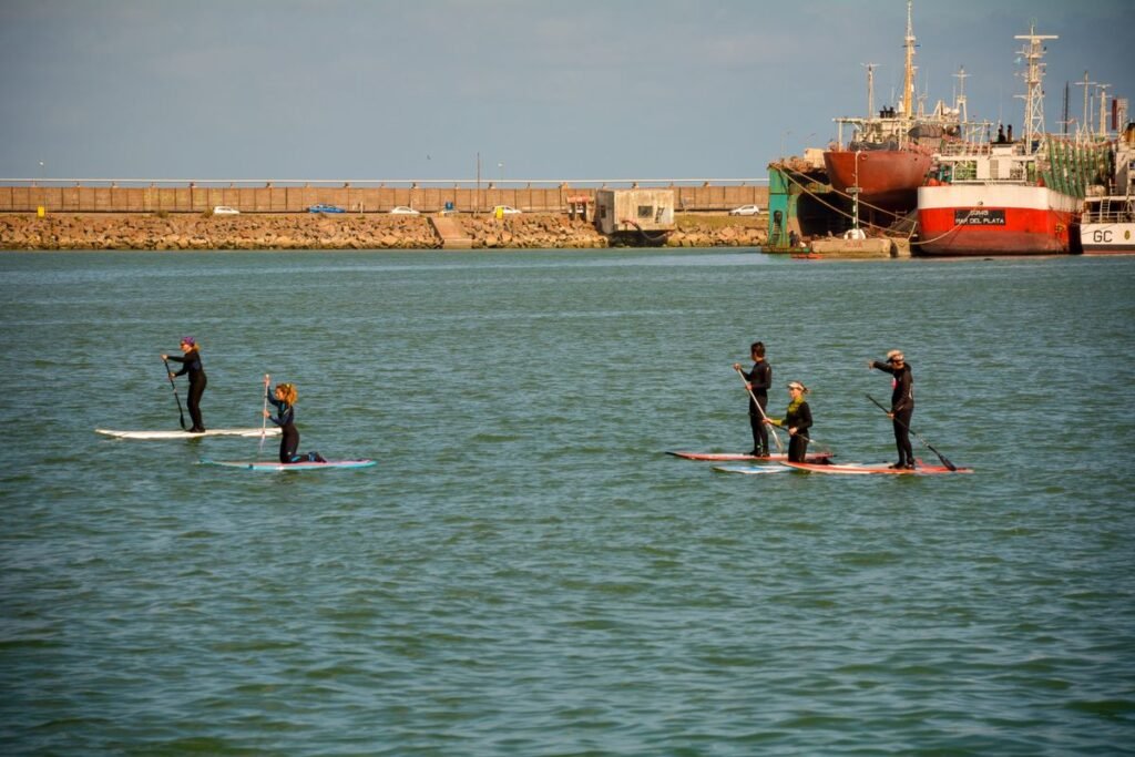Grupo de personas aprendiendo paddle surf en aguas tranquilas cerca de la orilla