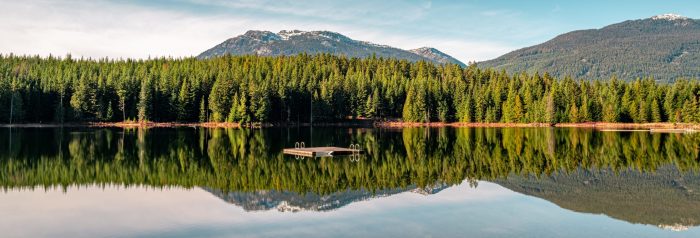 A beautiful green scenery reflecting in the Lost Lake in Whistler, BC Canada